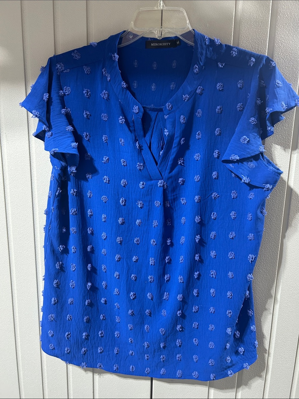 Merokeety Royal Blue Textured Flutter Sleeve Blouse